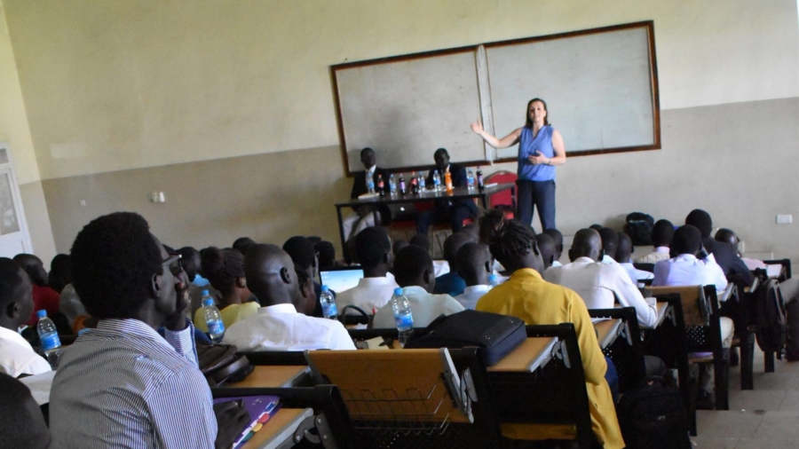 Dr. Shelly Whitman, Executive Director of the Dallaire Institute, provides a lecture on International Humanitarian Law to senior-year law students at the University of Juba (June 2019).